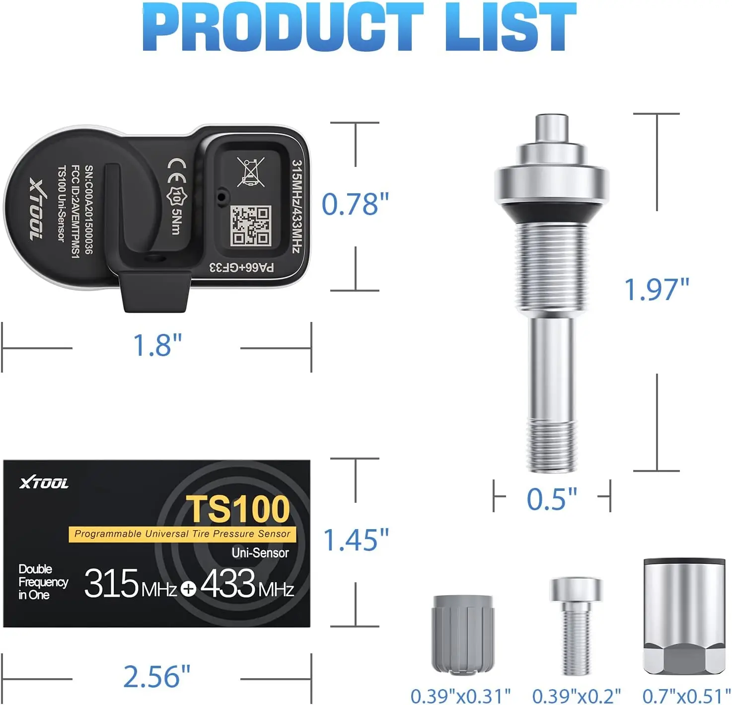 XTOOL TS100 Sensor Tools Work with TP150 Tire Pressure Monitor Programming Sensor 433 & 315MHZ TPMS Sensor Tire Repair Scanner 6