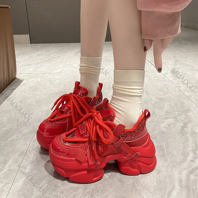 Women Platform Sneakers Spring Autumn 8cm Chunky High Heels Bling Red  Ladies Wedges Casual Dad Shoes Leather Sports Sneakers AliExpress