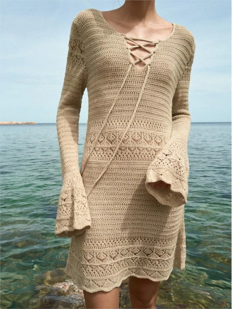 

Knitted Mini Dress Summer 2023 New Sexy Hollow Out Lace-up Round Neck Long Flare Sleeve Short Vestidos Beach Holiday Dresses