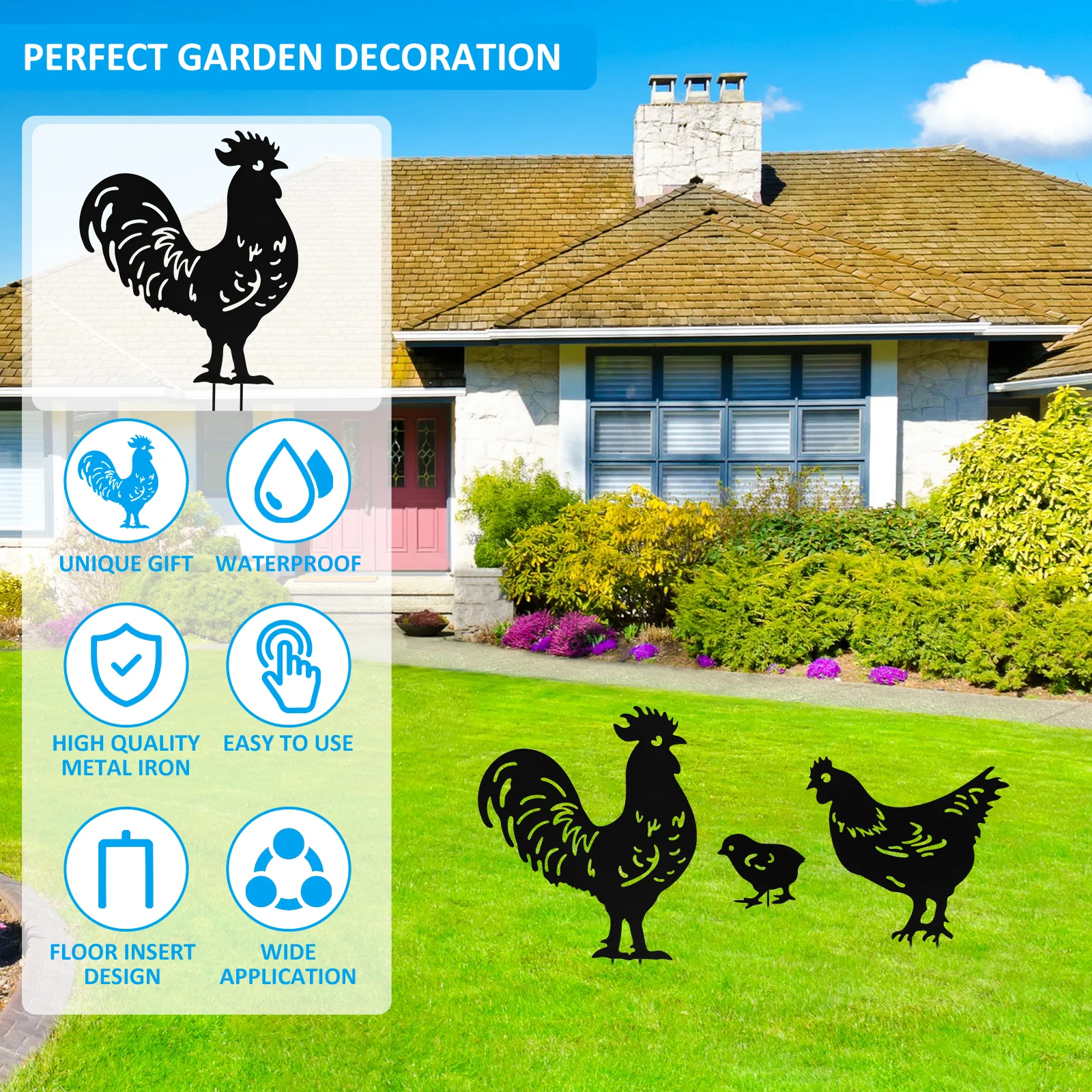 Yard Art Garden Metal Sculpture Chicken Decoration 3Pcs Creative Rooster Outline Lawn After Outdoor Hen Garden Decorated