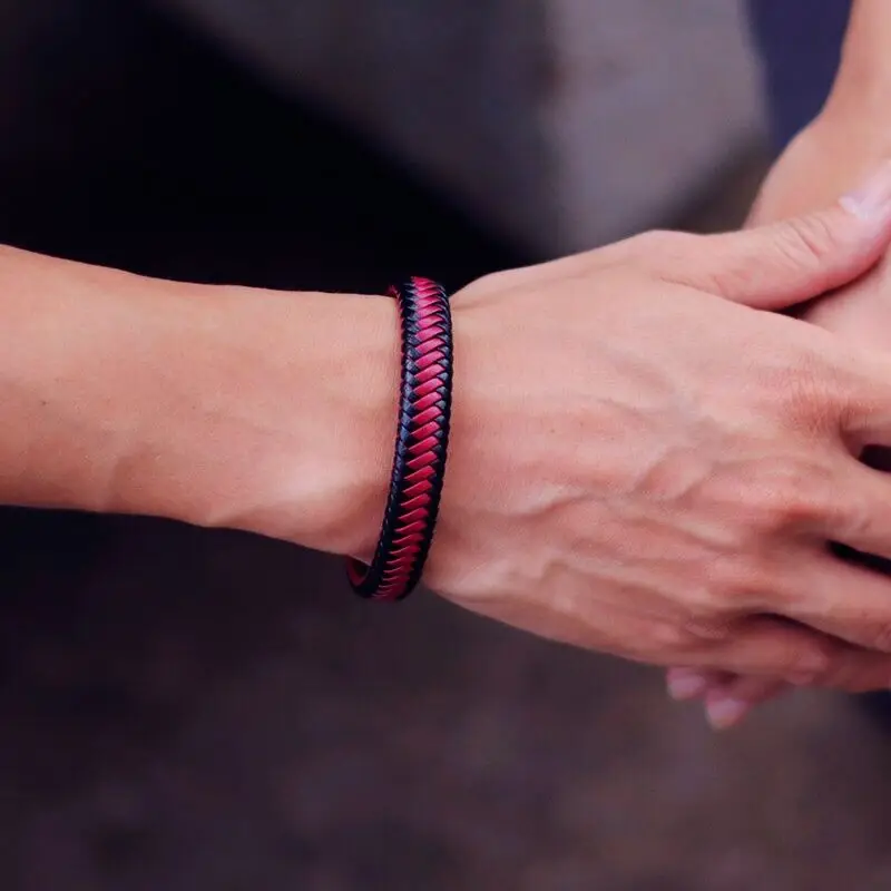 Men Leather Bangle Black Braided Magnetic Clasp Punk Bracelet