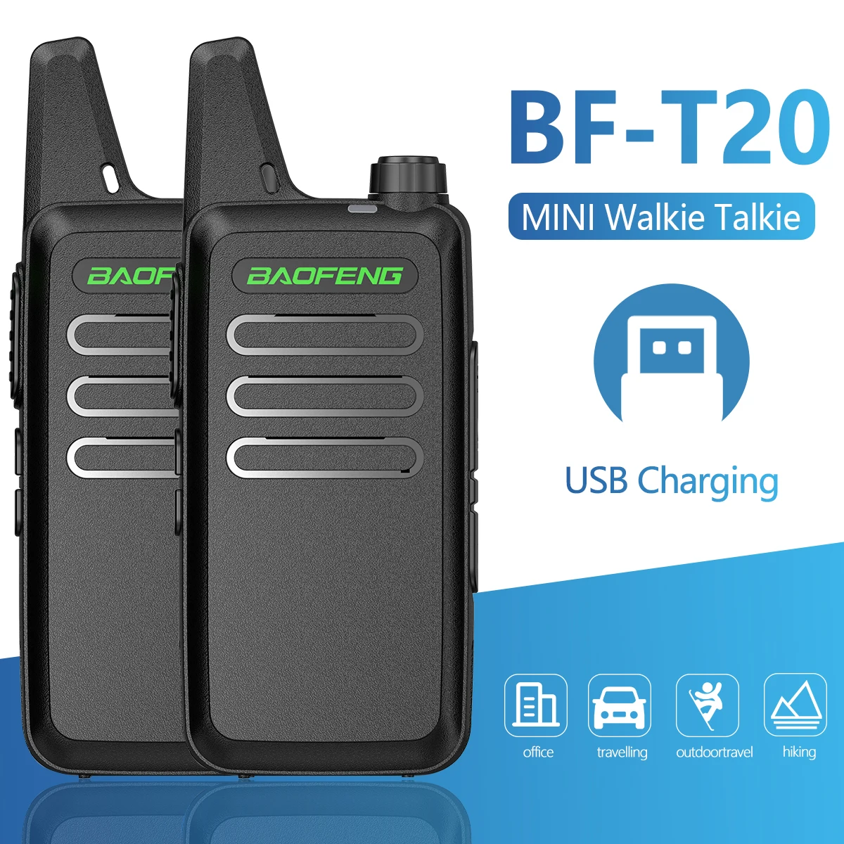 1 or 2pcs Baofeng BF-T20 Mini Walkie Talkie UHF 400-470mHz Support USB Charging 16 Channels Ham CB Portable Radio BF-888S