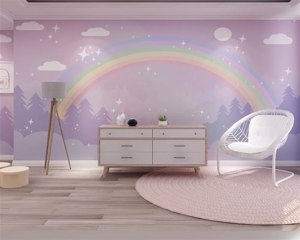 

beibehang Custom Cartoon Children's Room Purple Clouds Rainbow Girl Bedroom Princess Room Background Wallpaper papier peint