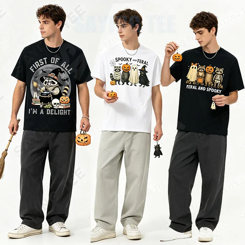 Gruseliges und wildes Halloween-Hexen-Waschbär-Geister-Mumien-Kostüm T-Shirt Y2k Trick or Treat Vintage Boo Hexen-Kürbis-Grafik-Bekleidung