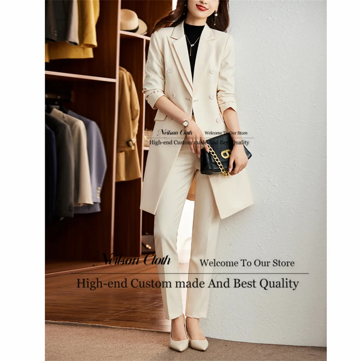 

New Beige Slim Fit Notched Lapel Blazers For Office Ladies Work Wear 2 Pieces Double Breasted Long Coat Women's Trouser Suits