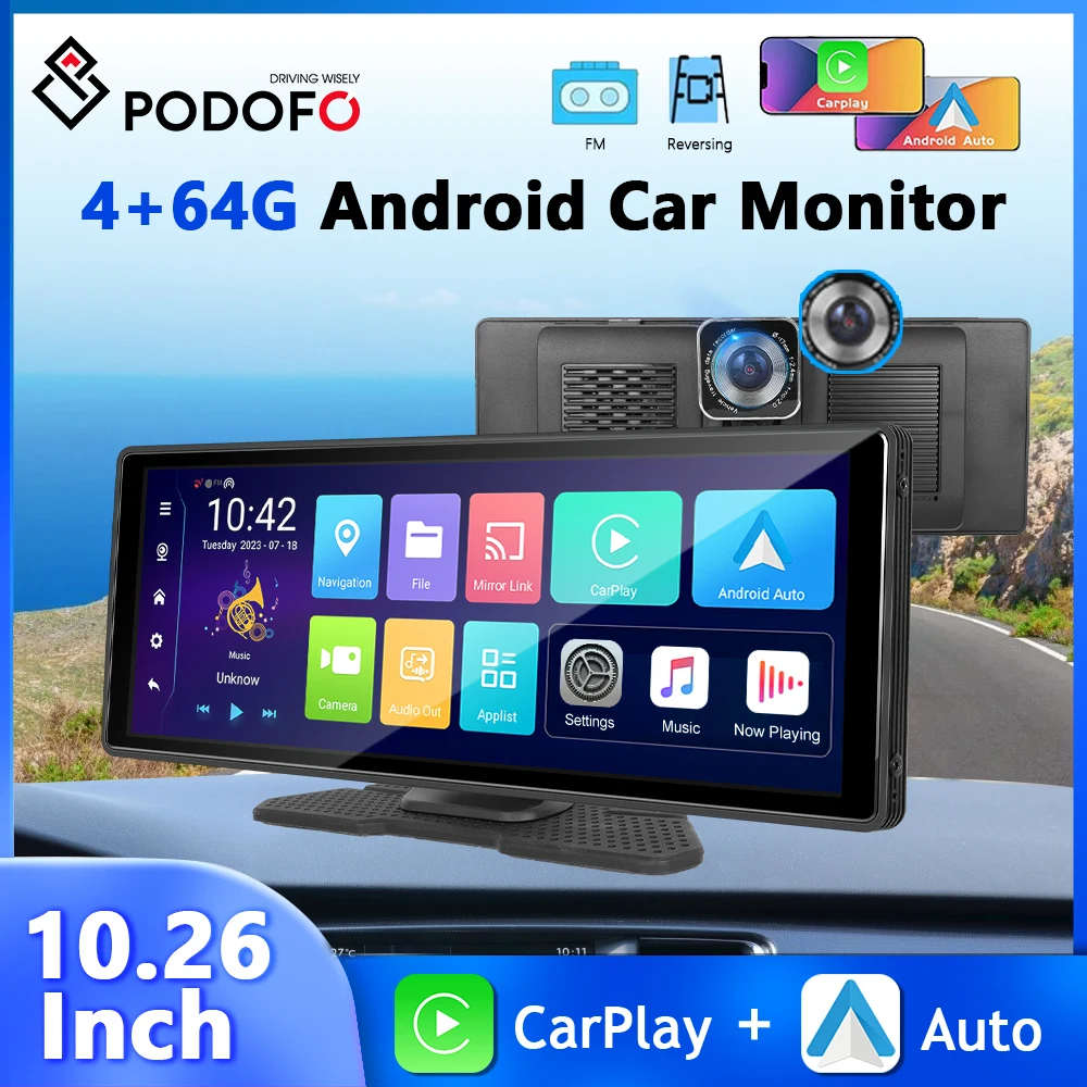 Podofo 10.26'' CarPlay monitor 8Core 4+64G Dashboard Carplay Android Auto GPS Navigation WIFI Bluetooth Android Monitor Player