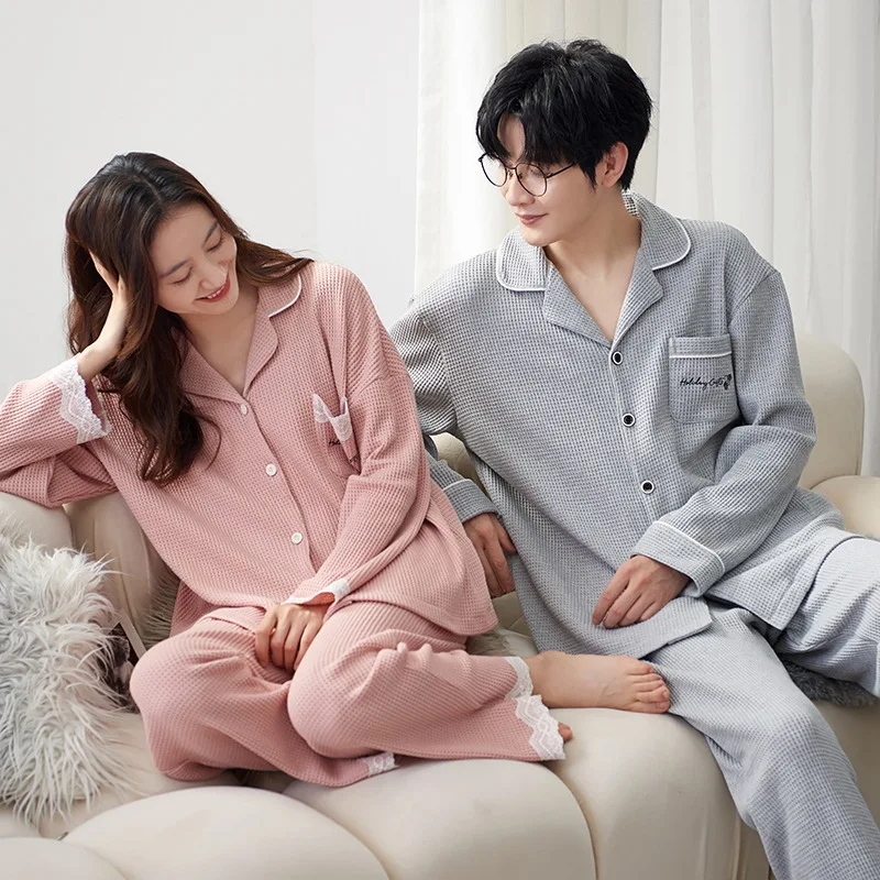 Cotton Pajamas Women's Sleepwear Autumn Cardigan Nightwear Men Home Wear Waffle Pjs Korean Fashion Home Clothes pyjama homme