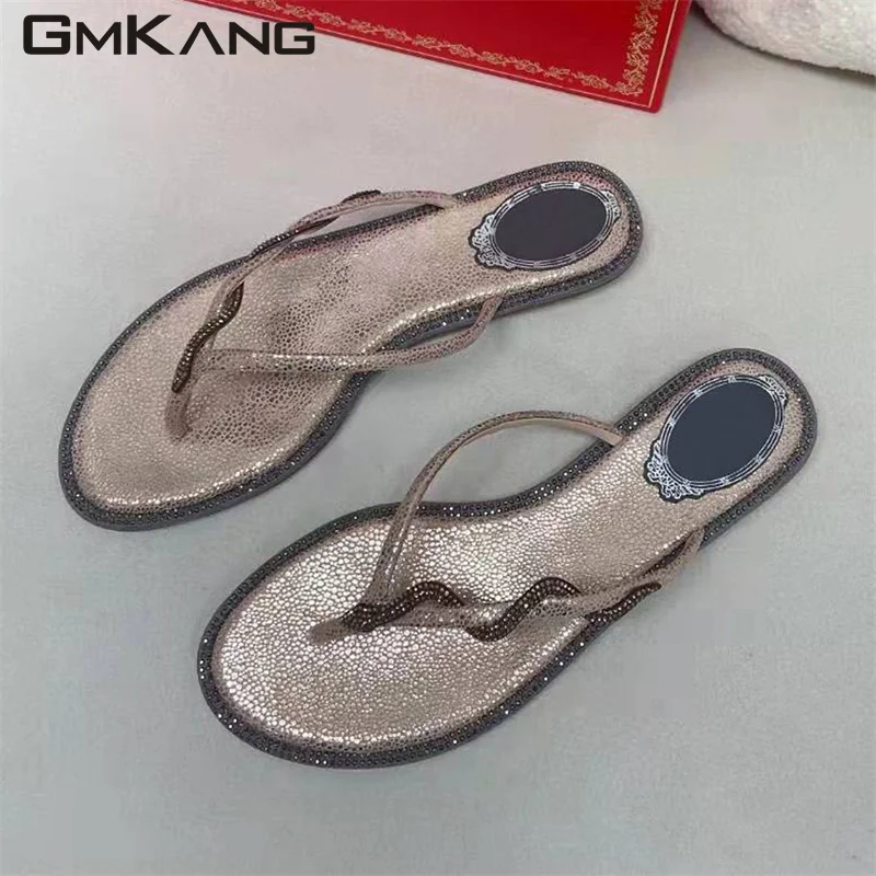 Summer women's foot clip diamond snake round flat herringbone slippers