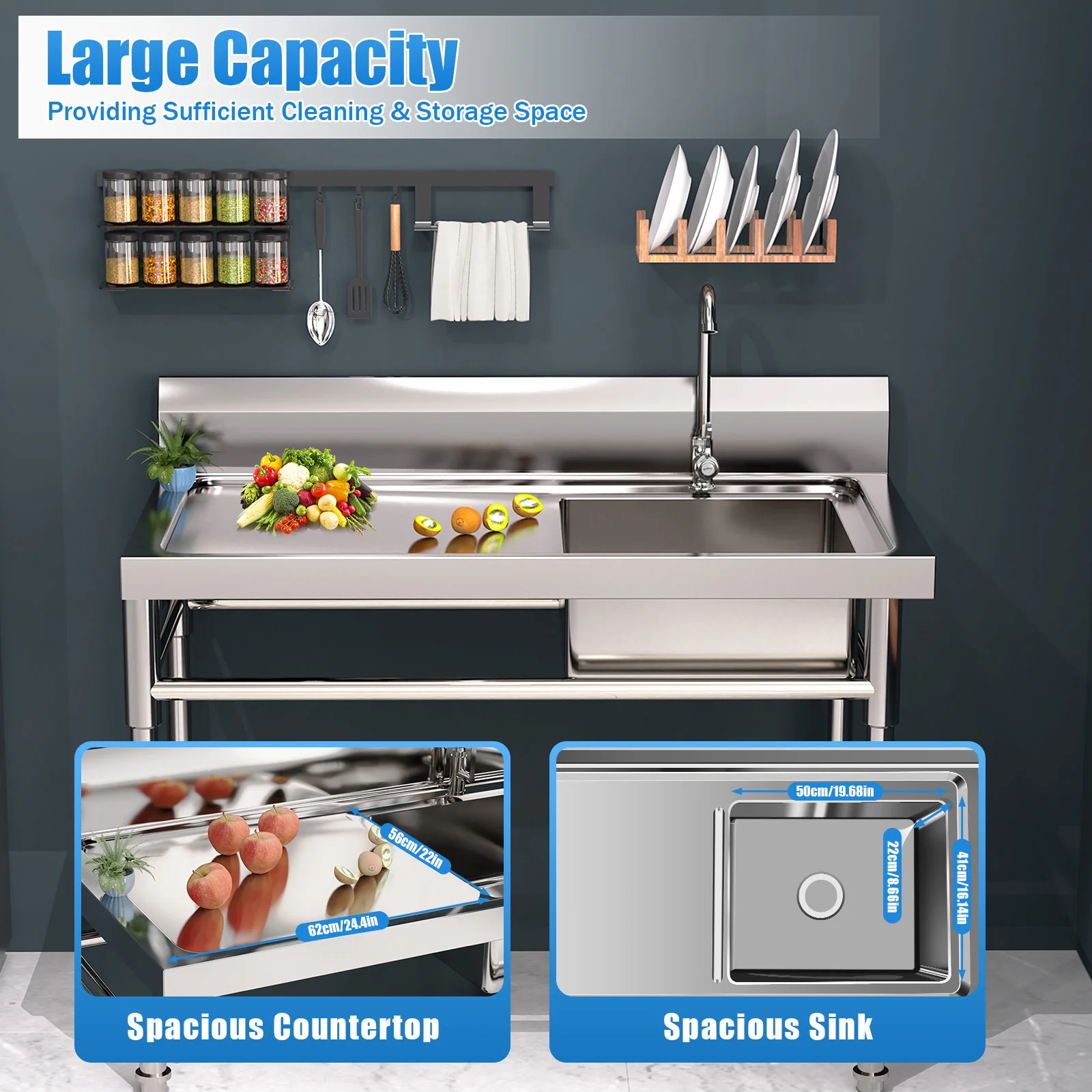 304 Stainless Steel Sink Single Bowl Commercial Kitchen Sink w/Workbench, Stainless Steel 47" x 24" x 32" 4