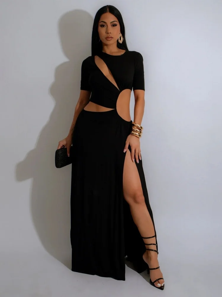Wmstar 2025 New Women Fashionable Elegant Dress Sexy Low Waist Irregular Long Dress Solid Split Dress Solid Color Short Sleeve