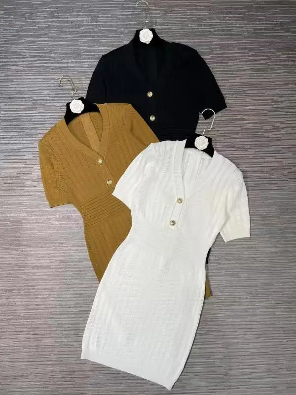 

High Quality Women Summer New Vintage V-Neck Knitted Slim Short-Sleeved Dress