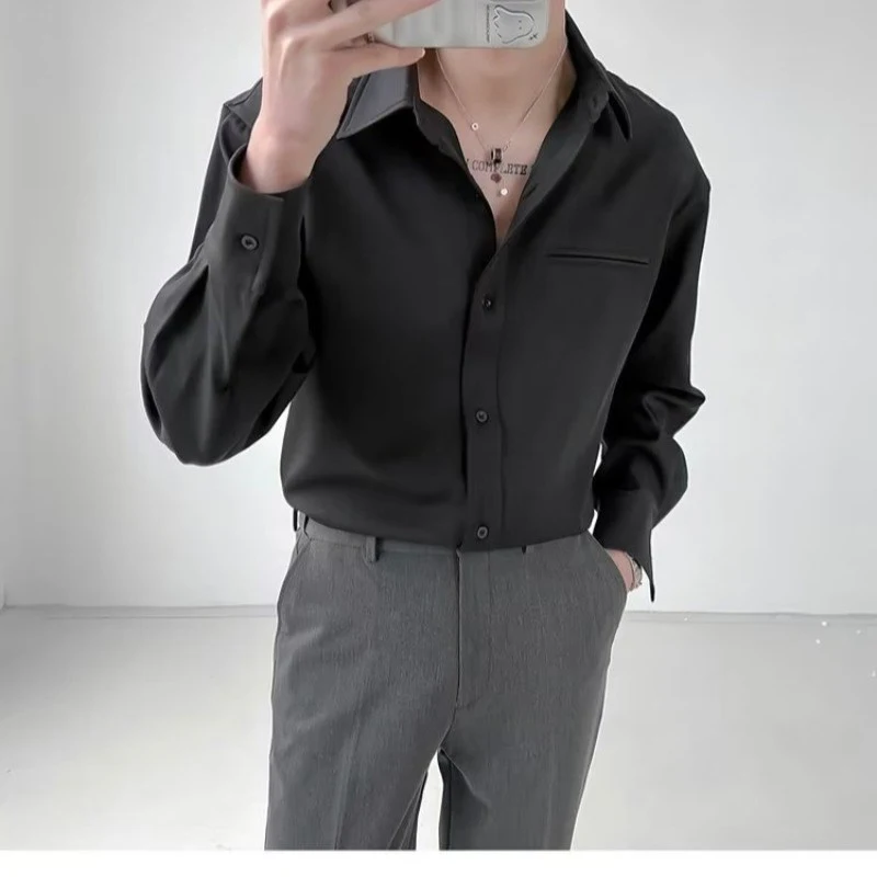 

Trend Turn Down Collar Shirts Spring 2024 Solid Long Sleeve Tees Cardigan Men Clothing Summer Loose Buttoned t Shirt Streetwear
