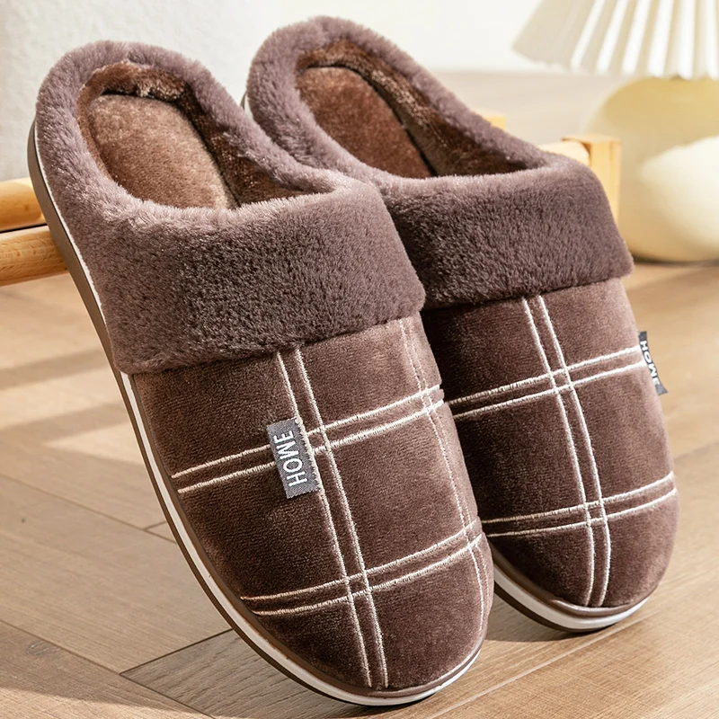 Plaid Memory Foam Winter Plush Warm Non-Slip House Slippers - Large Size for Men - true deals club