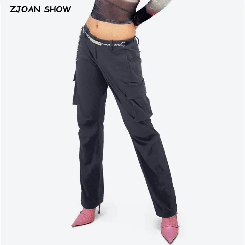 

2023 Safari Side Pockets Plain Solid Low Waist Small Stright Pants Woman Full Length Trousers Sexy Bottom