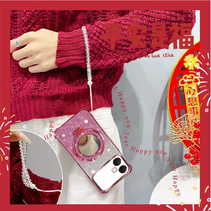 Glitter Shockproof Phone Case with Mirror Stand and Beaded Strap