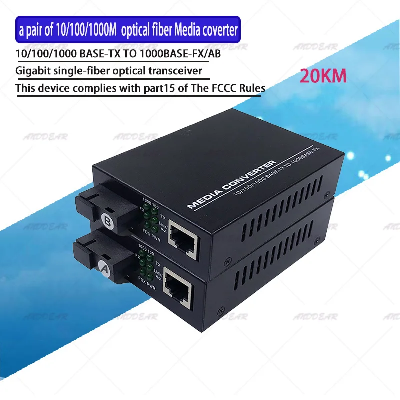 

1 Pair 10/100/1000M Optical Fiber Media Converter Fiber Transceiver Single Fiber Converter 20km Singlemode Single Fiber