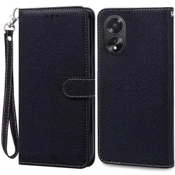 Leather Flip Wallet Phone Case with Silicone Cover - Elegant Design for Oppo A38 4G CPH2579 (Black - Strap)