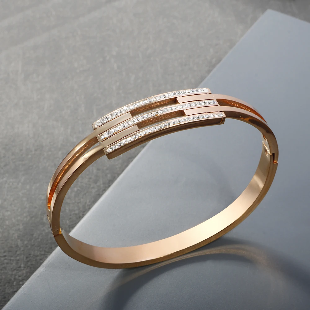 Luxury High-end Three Layer Inlaid Zircon Stainless Steel Cuff Bracelet 18 K Gold Plated Waterproof Clasp Bangle Fine Jewelry 4