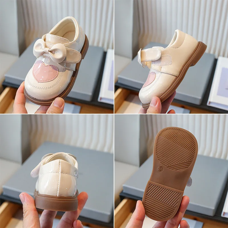 Girls Bowknot Princess Shoes 2024 New Spring Soft Bottom Children Baby Leather Shoes Kids Cute Heart Shape Single Shoes Toddler 6