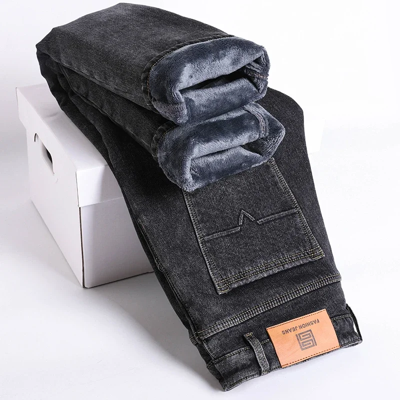 Men Jeans Retro Winter New Fleece Slim Stretch Jeans Fashion Warm Straight Casual Plush Thick Velvet Male Brand Denim Trousers 5