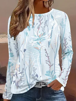 T-shirt da donna con stampa floreale stampata in 3D Moda manica lunga girocollo Top regolari Vacanza fine settimana Primavera Autunno 1