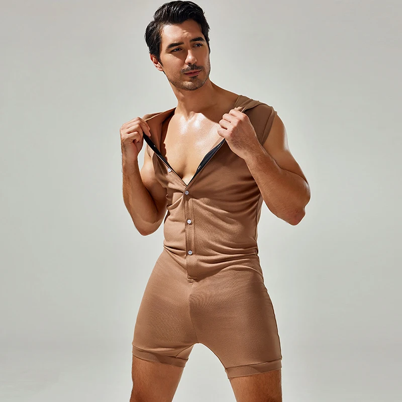 Mens Sexy Buttoned Hooded Jumpsuits Summer Breathable Casual Slim Fit Overalls Fashion Solid Color Sleeveless Bodysuits