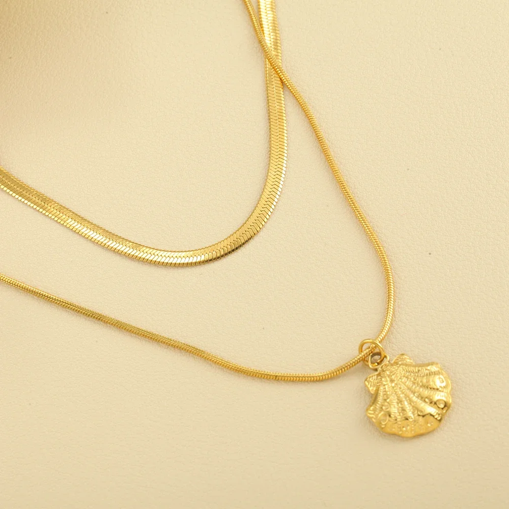 Strand Sommer Doppelschichtiger Edelstahl Hals Goldene Muschel Seestern Seepferdchen Schildkröte Anhänger Ozean Damen Klobiger Schmuck 2025 – Detail 2