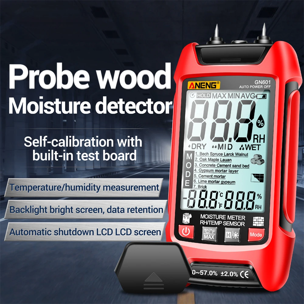 

GN601 0~99.9% Timber Hygrometer 20.5% RH Display Wood Moisture Meter Multiscene Measure Temperature Humidity Probe Testers
