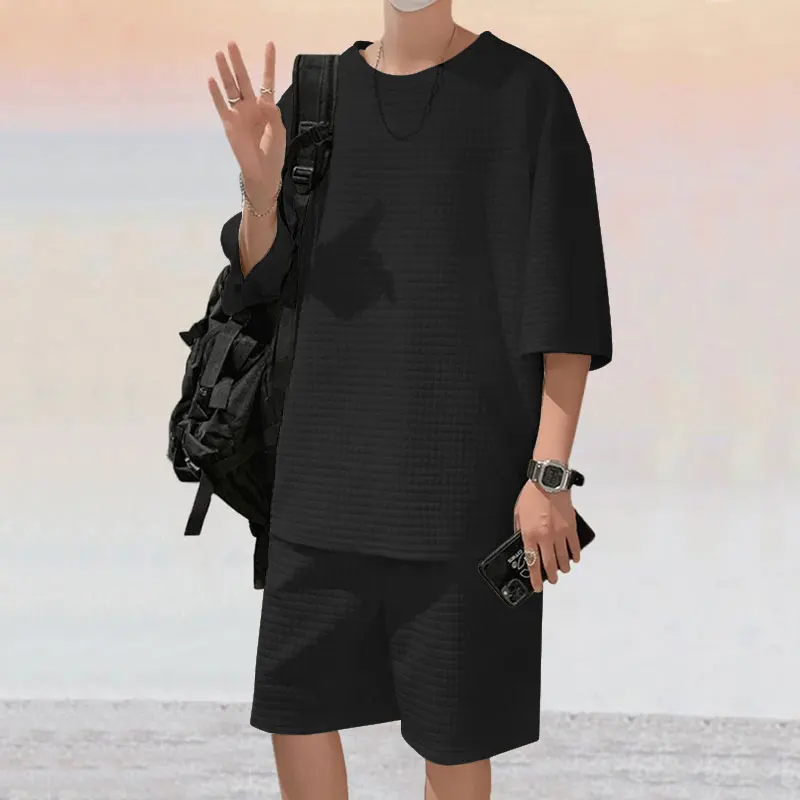 Summer Fashion Heavy Men's Clothing Small Check Jacquard Loose Straight Tube Plus Size T-shirt Shorts Two-piece Men's Wear