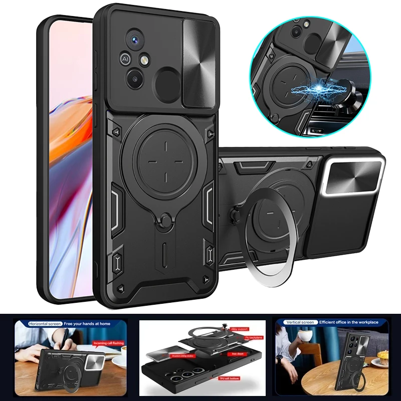 

For Xiaomi Redmi 10C 12C 4G Case Slide Camera Protection Armor Phone Case For Redmi 10 10A 11A Magnetic Holder Ring Back Cover