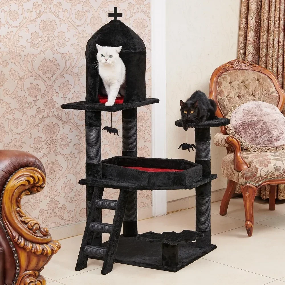 

55" Cat Tower with Spacious Cat Condo，Scratching Posts，Spider Hanging Ball，Multi-Level Cat Activities Furniture for Large Cats