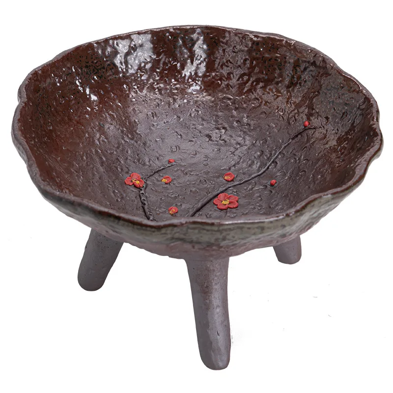 Handmade and creative three legged rough pottery fruit plate, living room, household antique ceramic tea plate