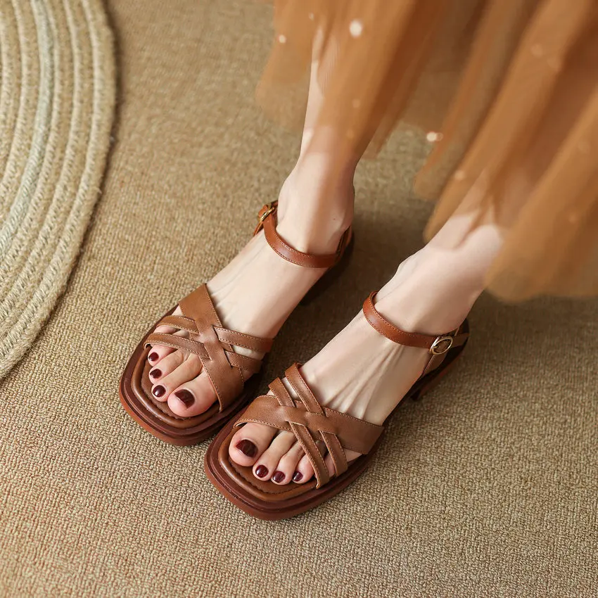 QUTAA Women Sandals Summer Party Wedding Casual Pumps Slingback Fashion Low Heel Genuine Leather Shoes Woman Size 34-43