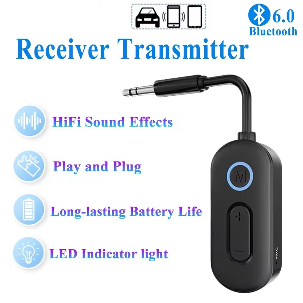 블루투스 6.0 오디오 수신기 송신기 3.5mm AUX HiFi 스테레오 음악 비행기 무선 오디오 어댑터(자동차 PC TV용 HD 마이크 포함)
