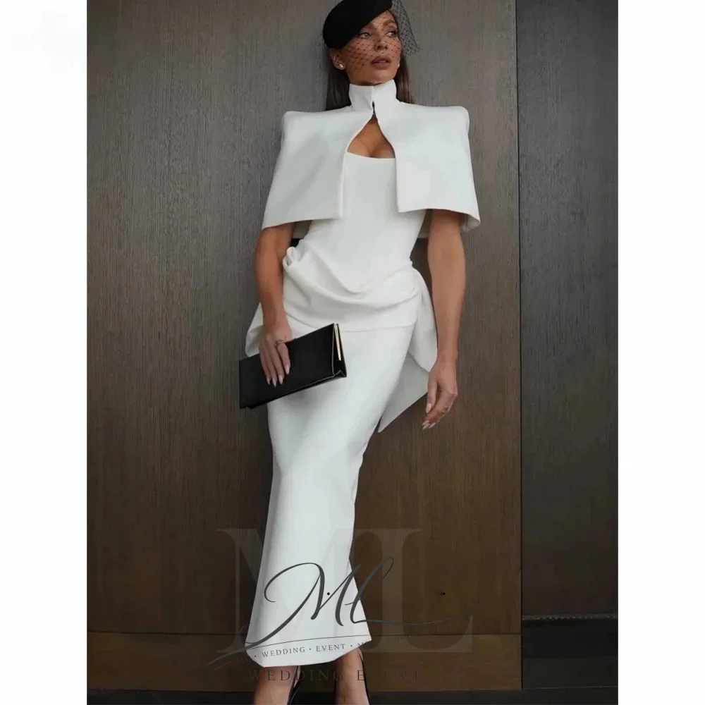ML Vintage Wedding Guest Dress with Cape Elegant White Party Evening Gowns Mermaid White Cocktail Dresses Ankle-length Customize