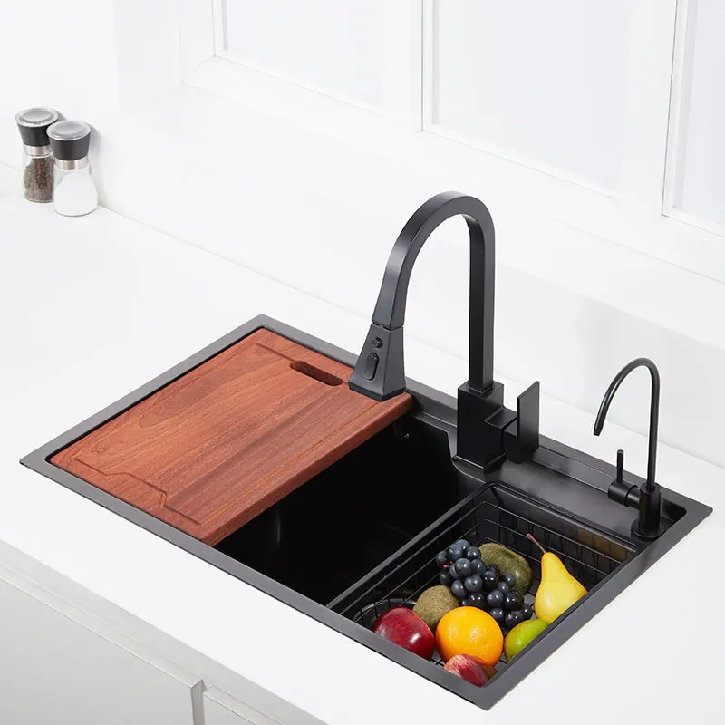black Kitchen Sink 304 Stainless Steel with cutting board sink vegetable washing basin black sink above counter or udermount