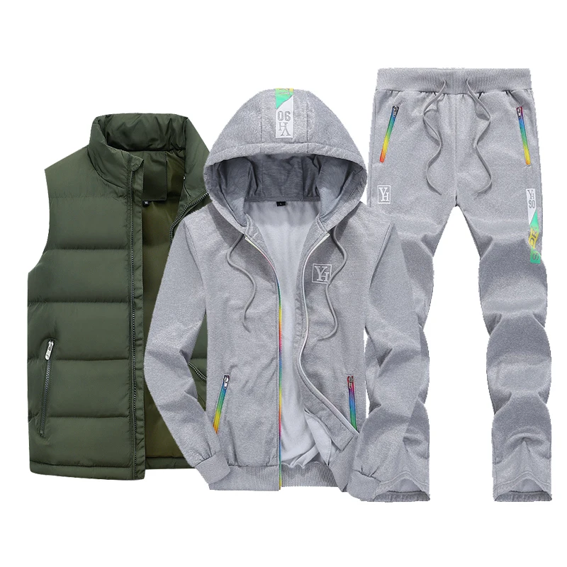 Men Tracksuit Outfit Sweat Suit New Winter Men's Clothing Men Sets 3 Pieces Vest Hoodie Set Fleece Zipper Casual Sport Sweatpant 10