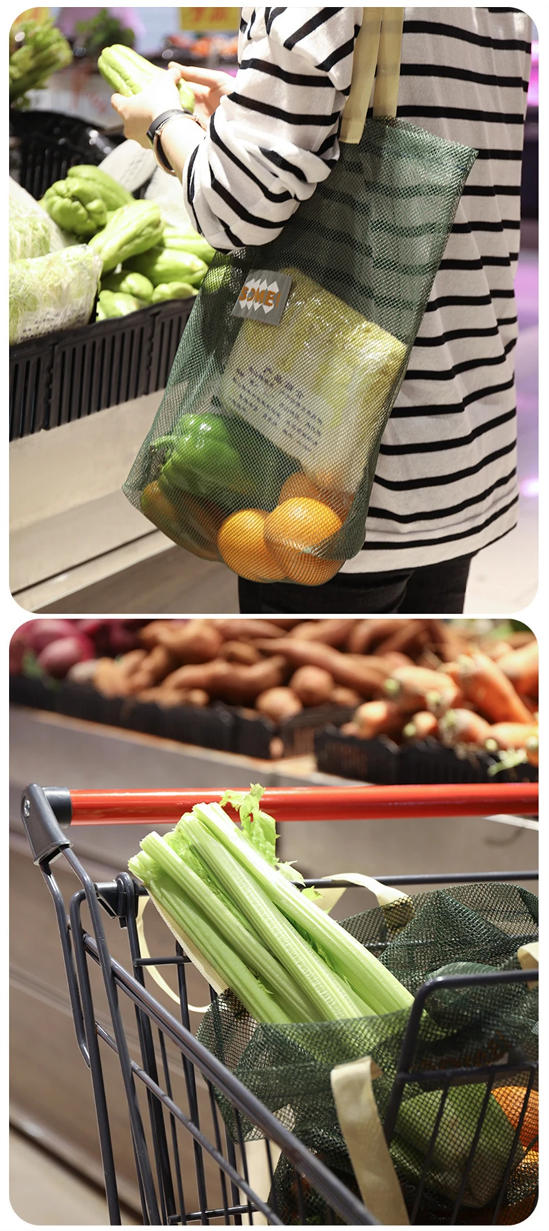 Portable Shopping Bag Reusable Storage Mesh Bags Washable Handbag Grocery Fruit Vegetable Hollow Net Bag Garlic Onion Organizer