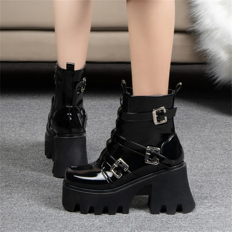 

High Heel Women Ankle Boots 2023 Lacquer Finish Three Row Buckle Plus Size 40-43 Punk Style Platform Women Shoes Dropshopping