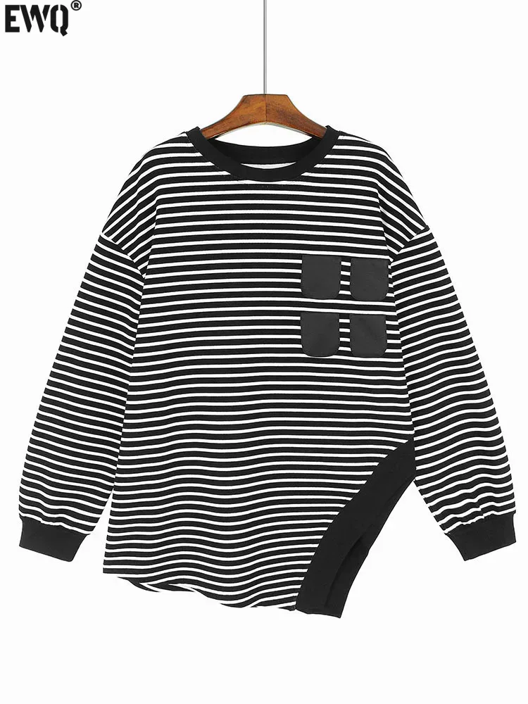 

[EWQ] Irregular Hem Striped Long Sleeve T-shirt Loose Casual Fashion Pullover O Neck Top Women 2024 new Spring Autumn 16U7209