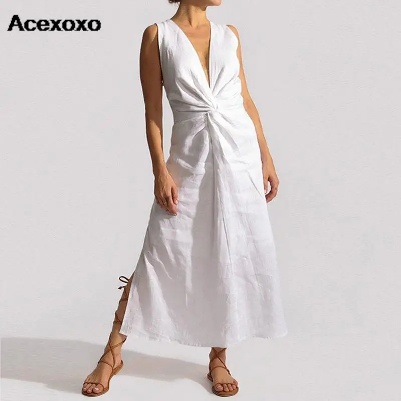 

Ms 2023 amazon new Europe and the United States foreign trade ladies dress sleeveless cotton pure color v-neck split dress
