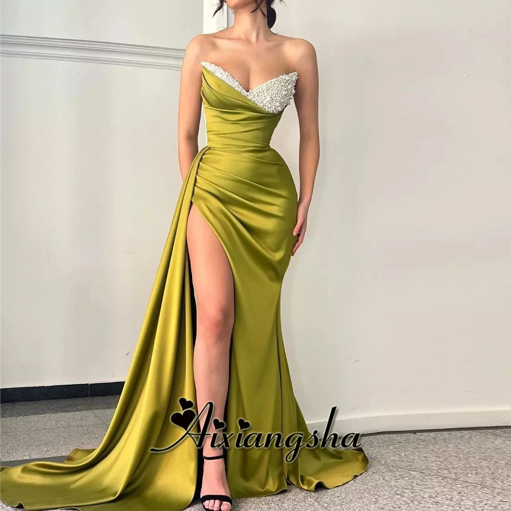 

Aixiangsha Classic Trumpet Evening Dresses V Neck Pleated Beading Slit Sleeveless Party Gown Vestidos De Festa Customised