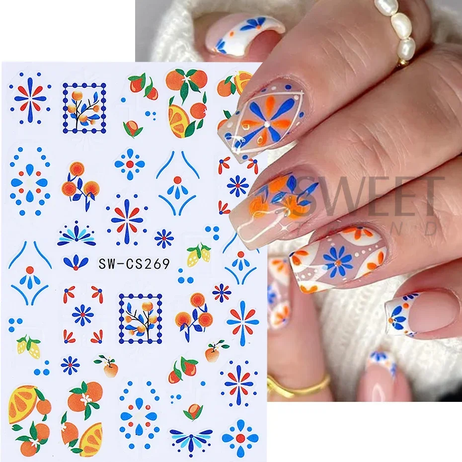 2pcs Bohemian Style Nail Art Stickers 3D Cute Orange Lemon Leaves Petals Nail Decals DIY Adhesive Sliders Summer Manicure Decor