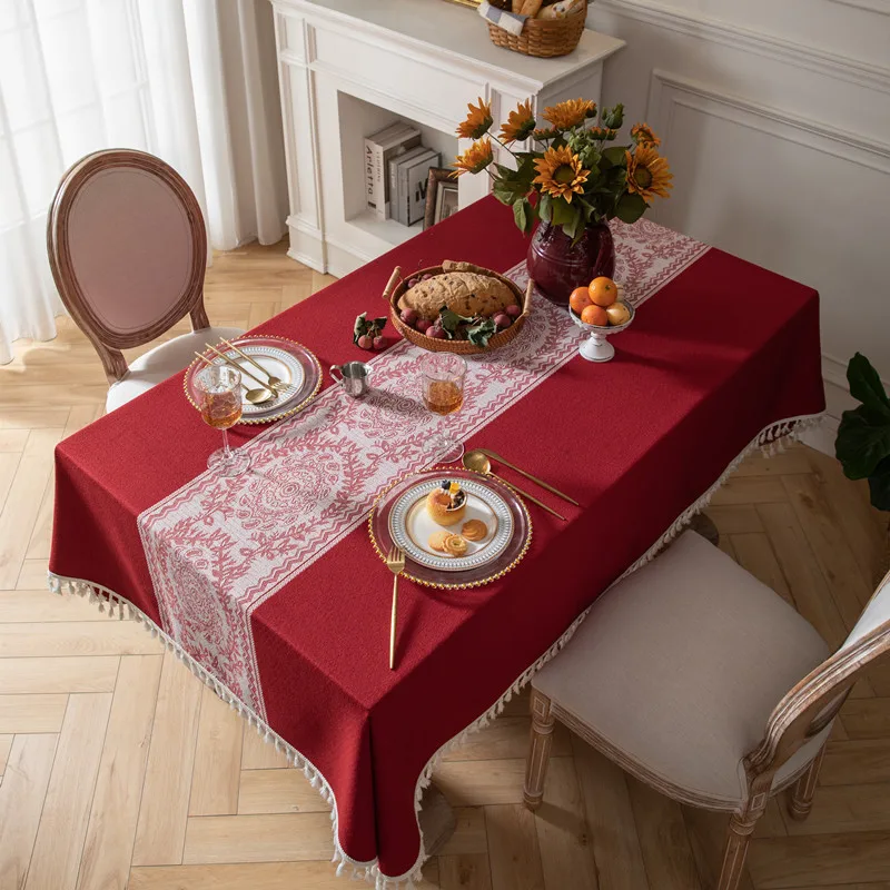 

Red Wedding Decoration Tablecloth Happy New Year Festival Rectangle Jacquard Retro Floral Tassel Table Cloth Tea Cover