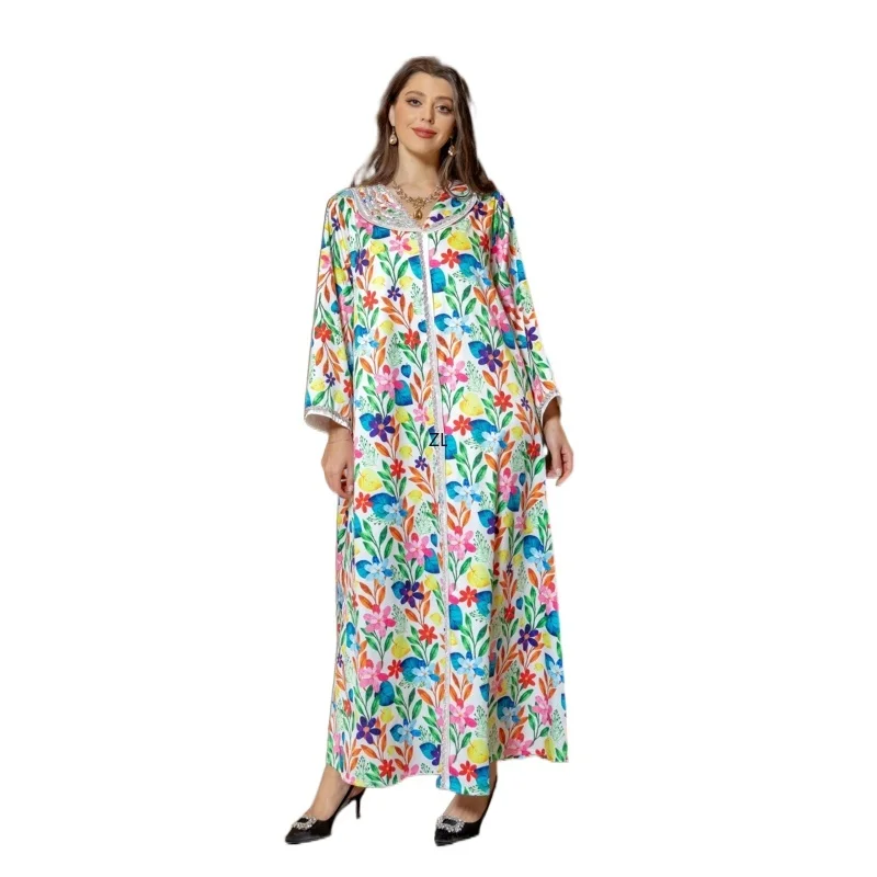 

Floral Hot Fix Diamond Abaya Dress for Women Middle Eastern Dubai Turkey Arab Oman Islamic Clothing Ethnic Party Robe