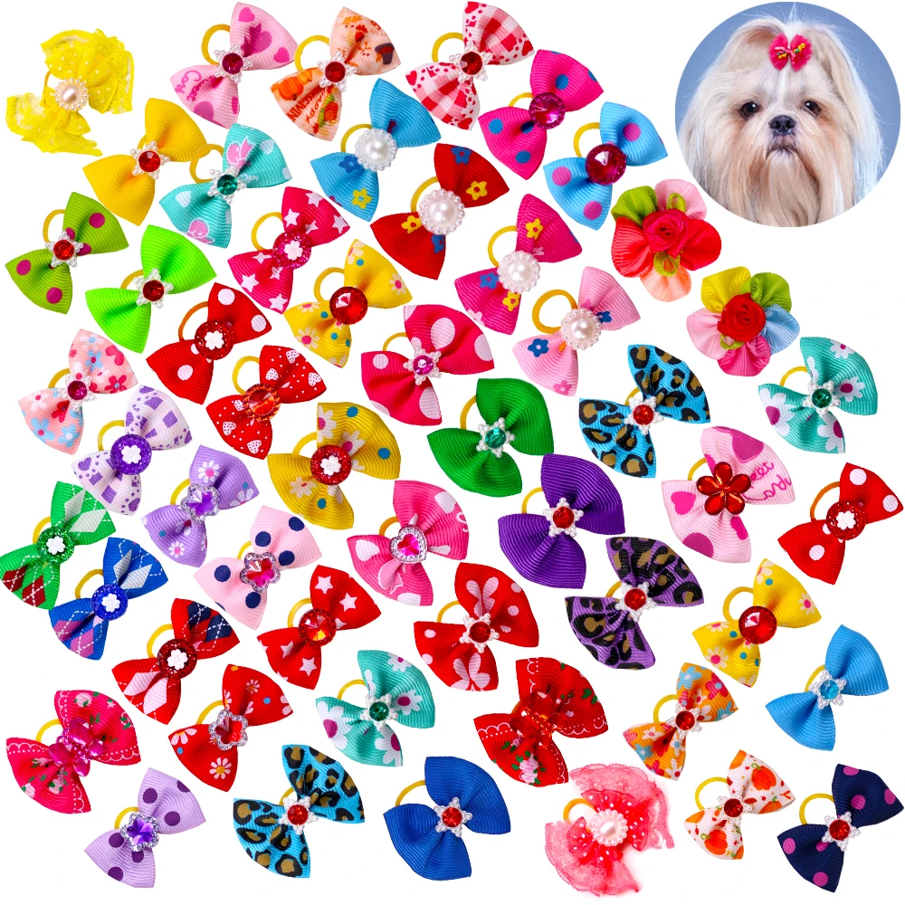 100pcs In Pairs Dog Bow Diamond Pearl Bows For Dogs Pet Dog Grooming