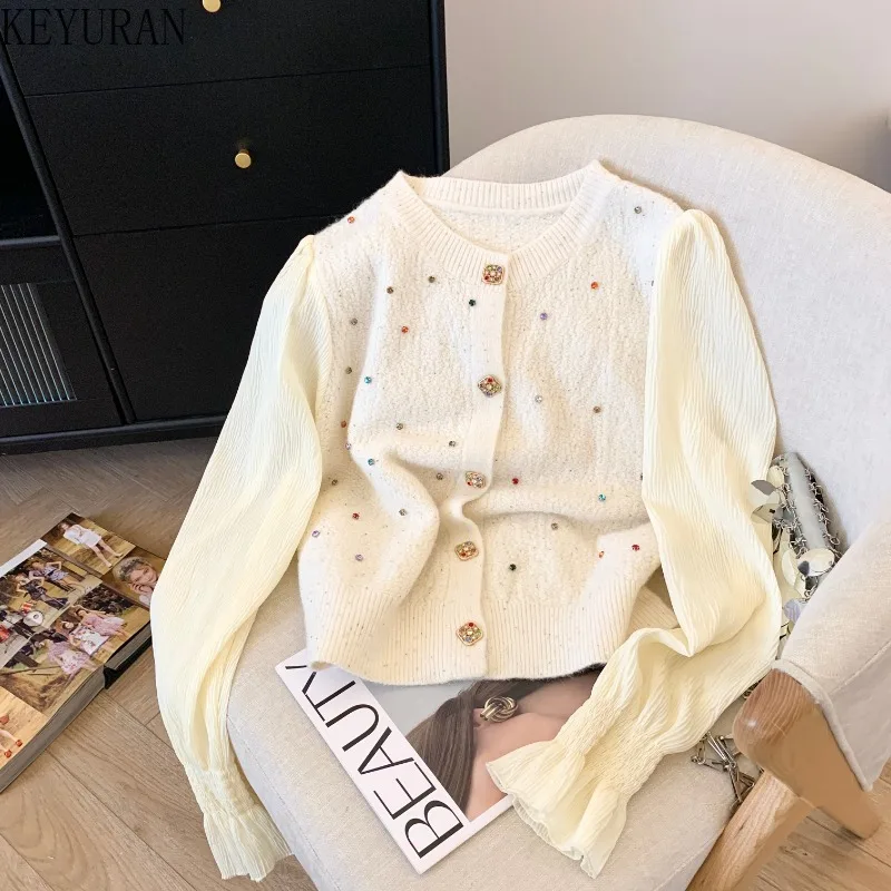 

Женский трикотажный кардиган с круглым вырезом и длинным рукавом