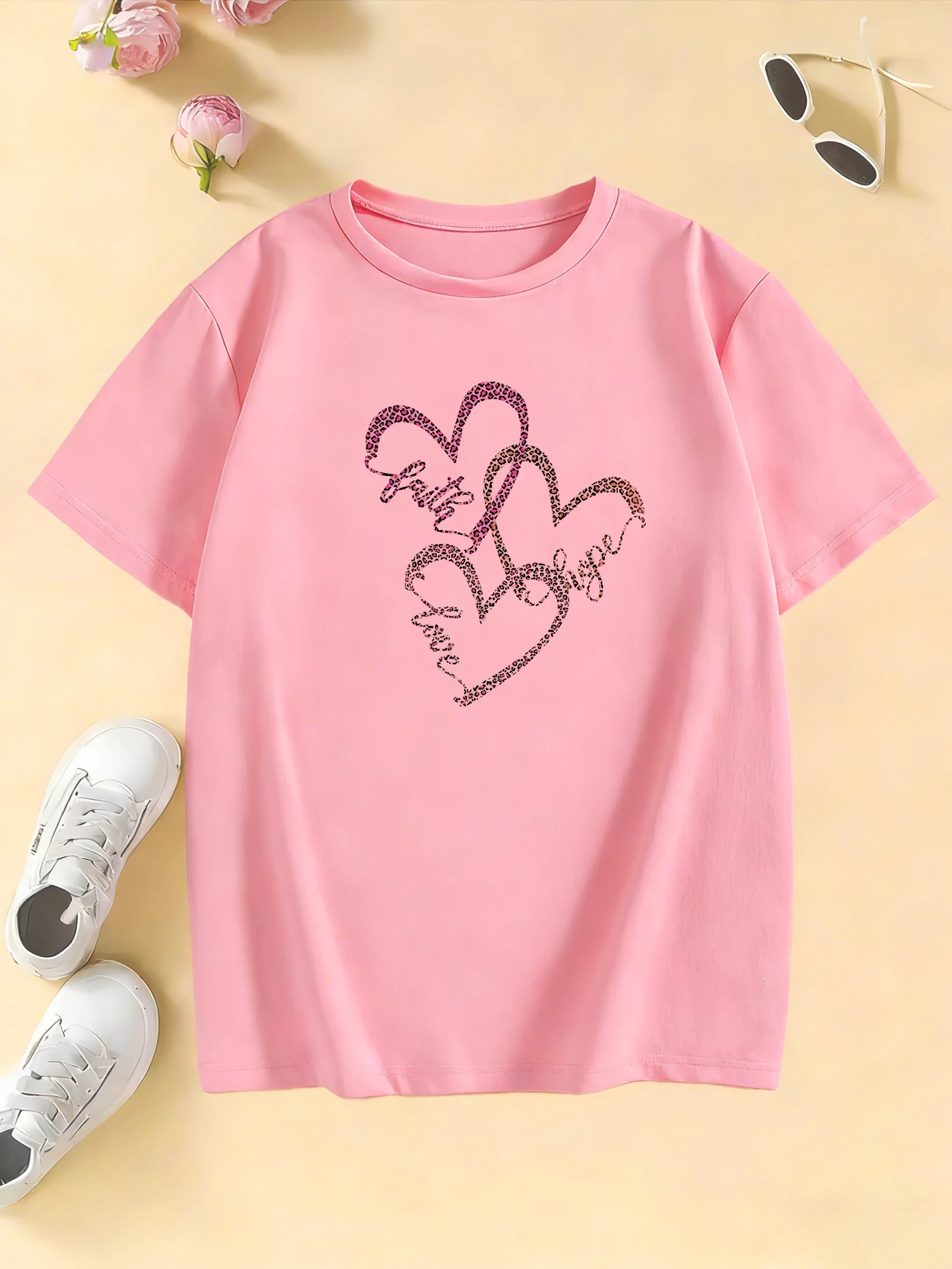 Children's Leopard Print Heart T-Shirt - Casual Spring/Summer Tee
