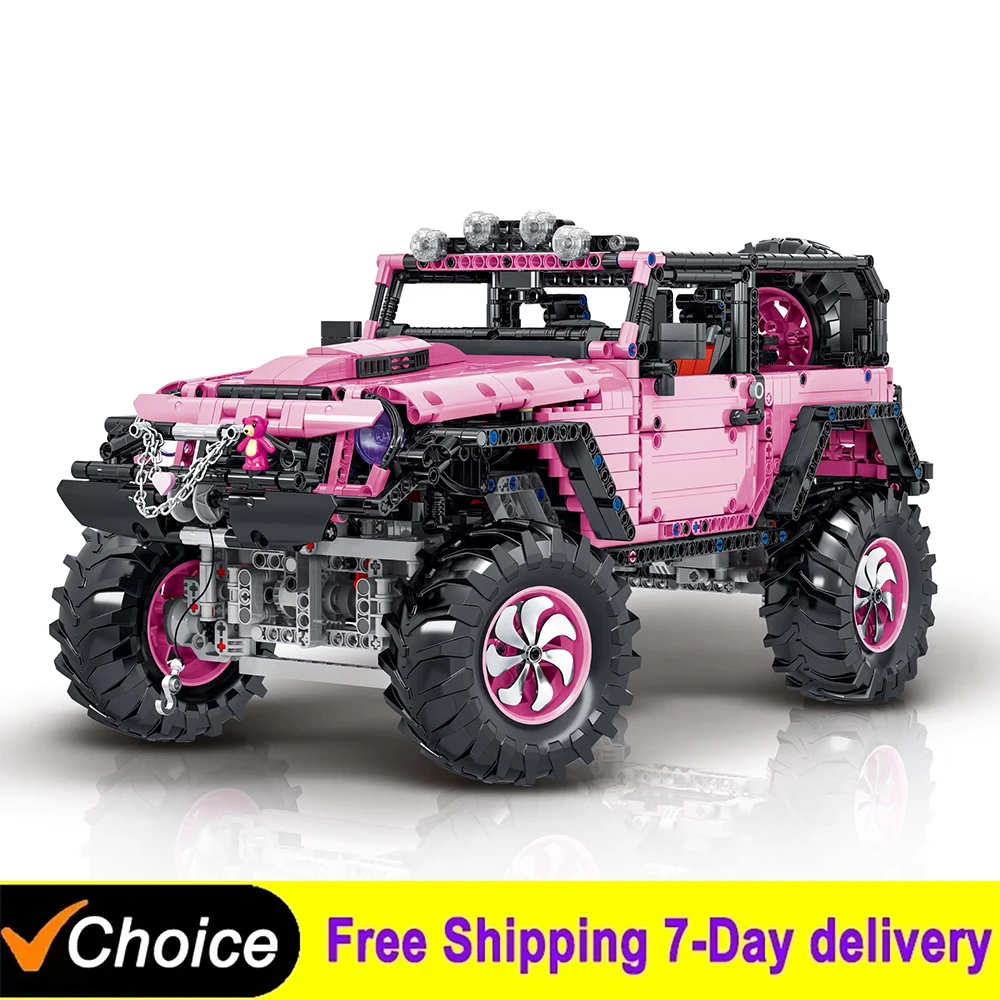 MOC 테크니컬 자동차 모델 1:8 오프로드 차량 조립 블록 랭글러 루비콘 핑크..