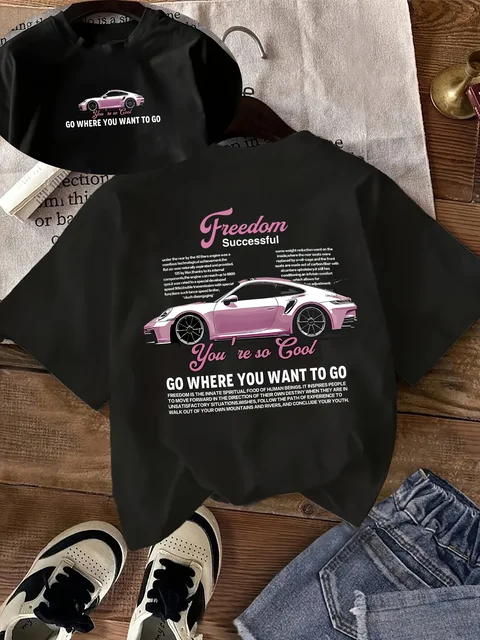 Pink Sports Car Freedom Women's Tee - Trendy Automotive Graphic, Casual Cool Top 2